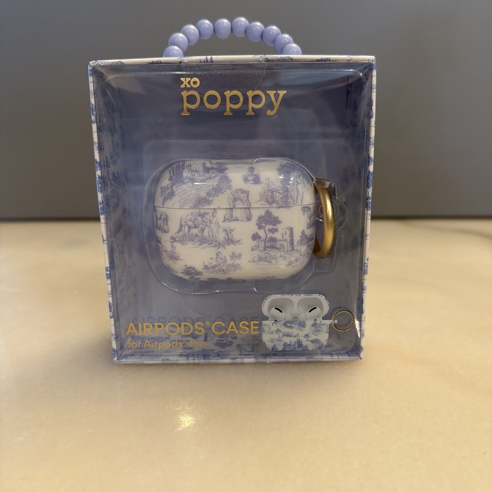 New In Box XO Poppy AirPods Pro Case White Blue Toile Print Pattern Fitted Skin